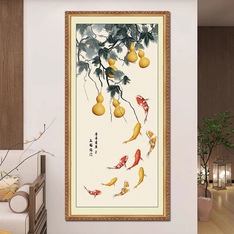 柿柿如意装饰画玄关入户五福临门中式福字九鱼图墙壁贴画壁纸自粘图片