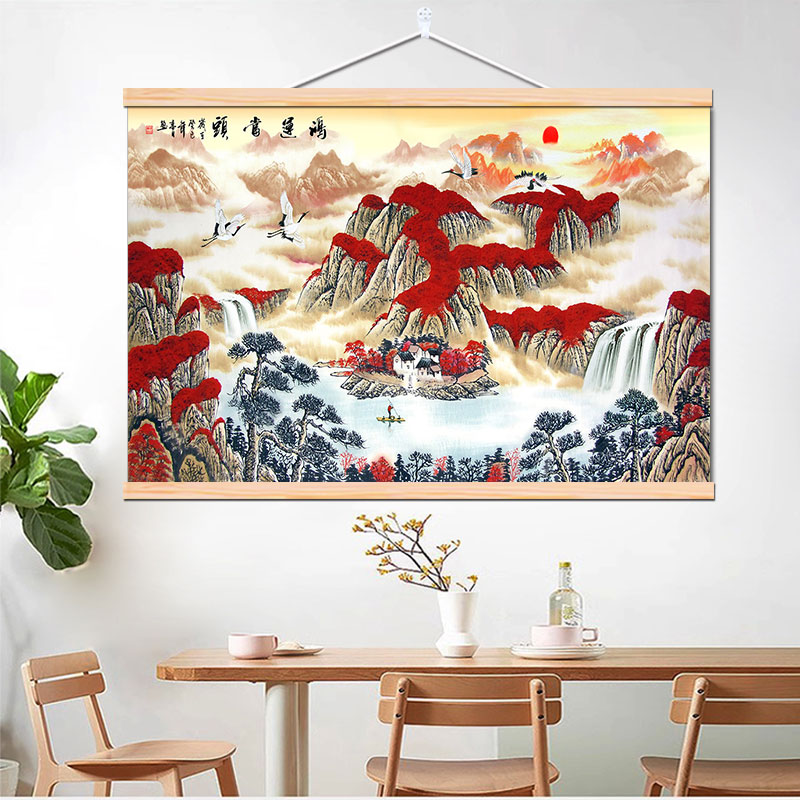 流水生财旭日东升山水挂画免打孔