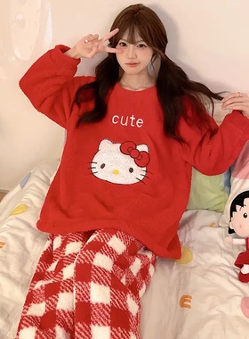 少女新年红色KT猫薄款珊瑚绒睡衣秋冬女学生甜美法兰绒家居服套装