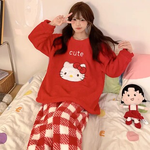 少女新年红色KT猫薄款珊瑚绒睡衣秋冬女学生甜美法兰绒家居服套装