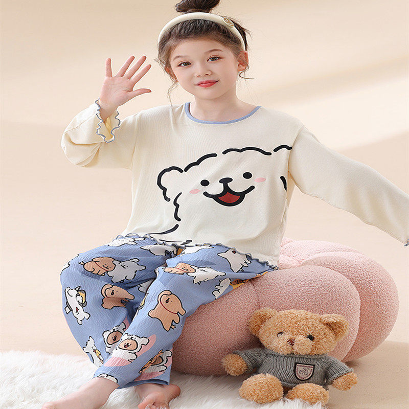 春秋季女童4睡衣6薄款5长袖长裤7岁云朵棉女孩公主大童12夏天套装