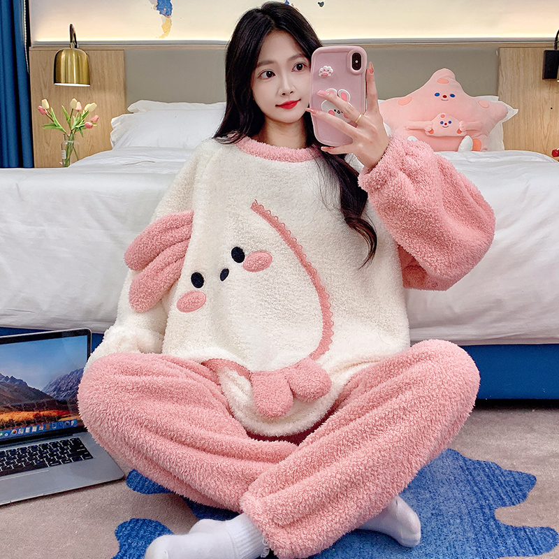 新款半边绒少女睡衣冬季加厚甜美可爱女大童初高中学生家居服套装