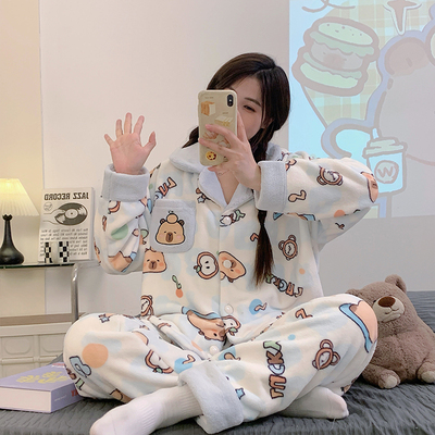 睡衣女款套装秋冬季珊瑚绒加绒加厚保暖可外穿开衫可爱卡通家居服