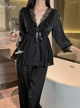 唯美纱蕾丝花边缎面家居睡衣套装深V甜美蕾丝上衣长裤两件家居服