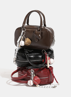 波士顿枕头包包女2026新款时尚小众保龄球包手提包真皮女包斜挎包