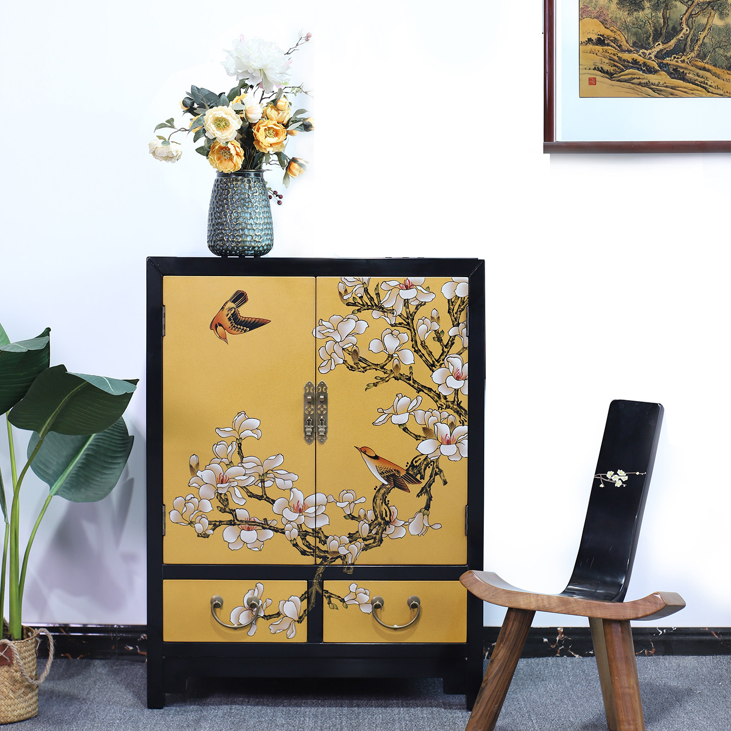 晋元恒设计师款复古手绘鞋柜玄关一体新复古中式实木推光漆器家具