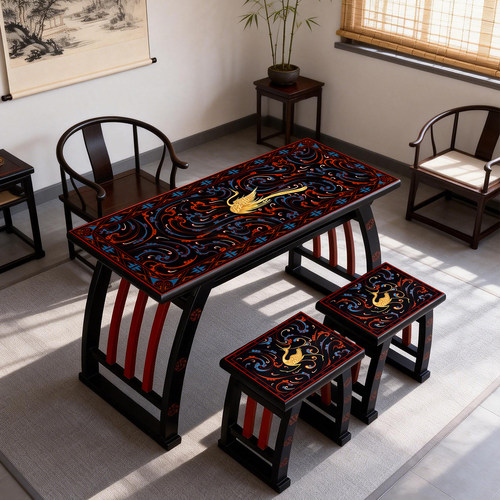 晋元恒手工彩绘凤鸟纹马蹄桌琴桌