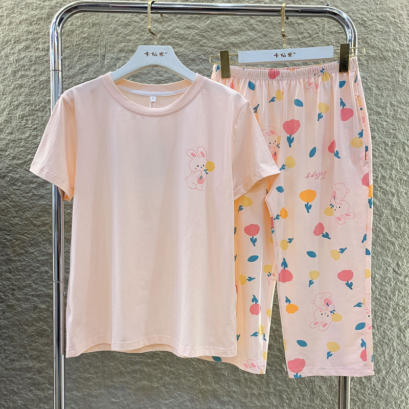 夏季纯棉七分裤睡衣女套装可外穿