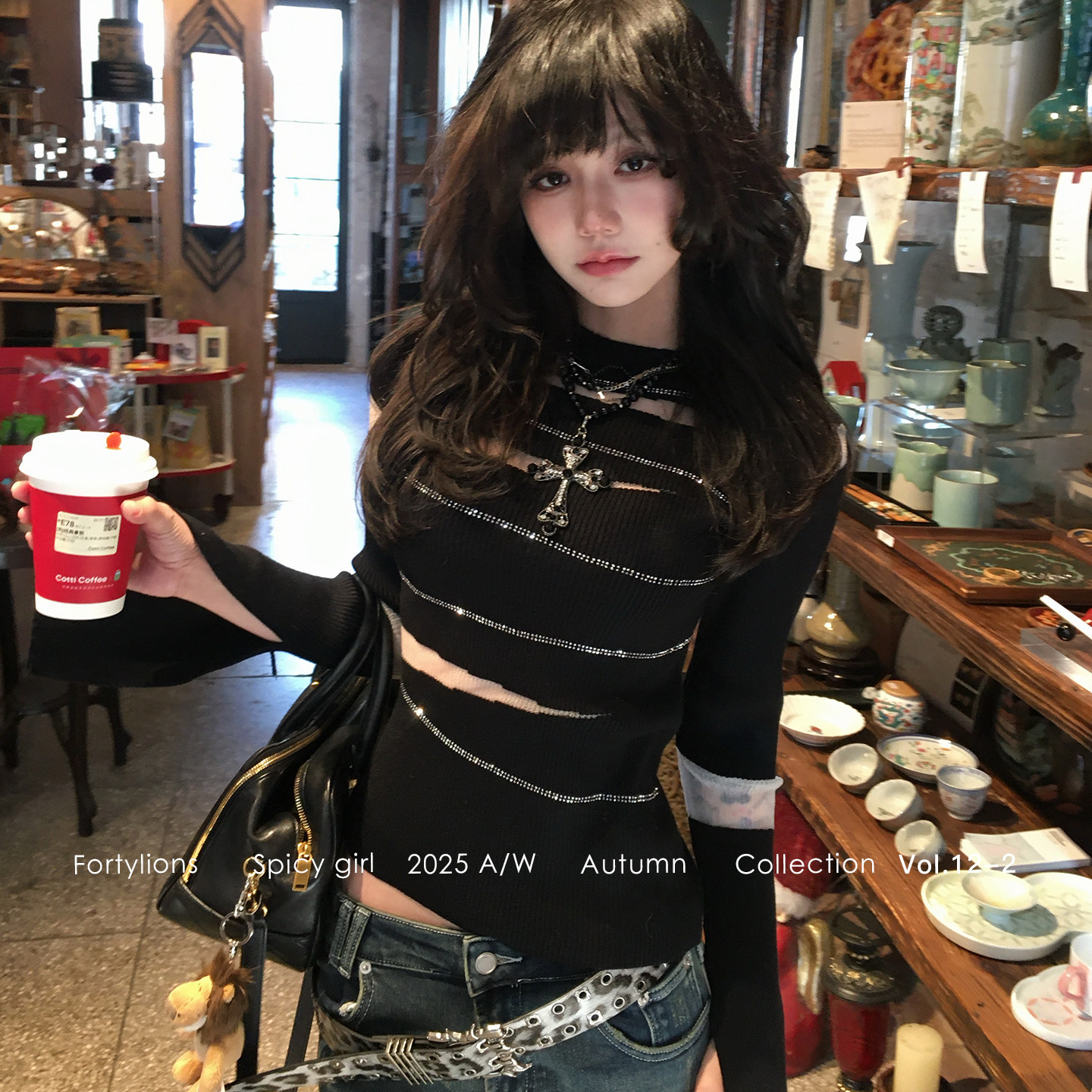 fortylions 网纱透视镂空坑条针织衫条纹烫钻修身上衣女短款针织T,女装/女士精品,毛针织衫,淘宝优惠券,粉丝福利购,淘宝优惠卷