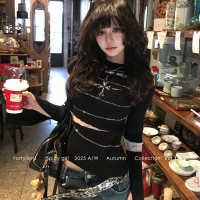 fortylions 网纱透视镂空坑条针织衫条纹烫钻修身上衣女短款针织T