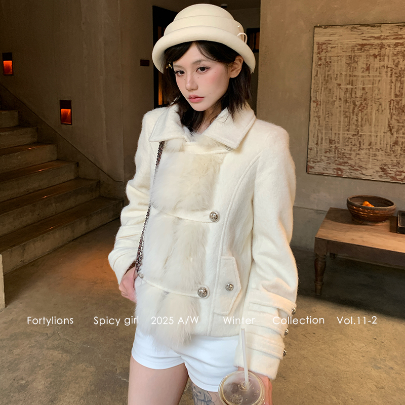fortylions清冷毛呢羽绒外套微宽松短款夹绒毛呢小上衣毛感短外套