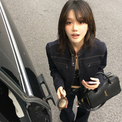 fortylions 复古短款牛仔夹克经典原色短上衣小立领按扣牛仔外套