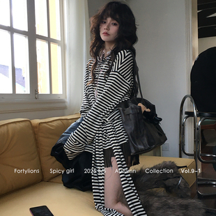 fortylions 交叉设计感绑带上衣慵懒百搭长袖T恤韩版条纹针织衫