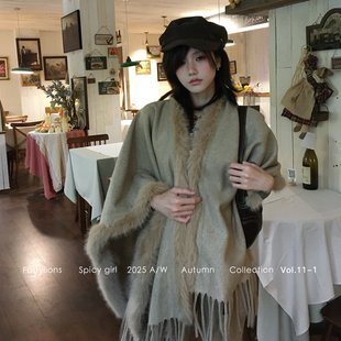 fortylions  中长款羊毛双面呢斗篷外套秋冬毛领流苏廓形披肩上衣