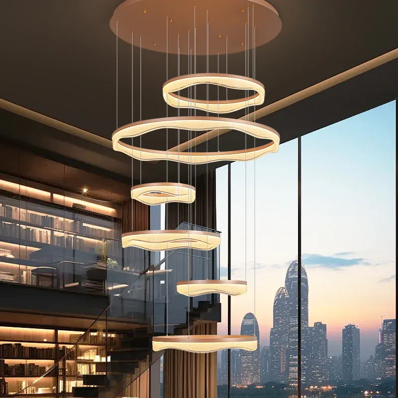 客厅大吊灯意式轻奢高级感别墅挑空大厅主灯loft复式楼梯灯圈圈灯,家装灯饰光源,智能吊灯,淘宝优惠券,粉丝福利购,淘宝优惠卷