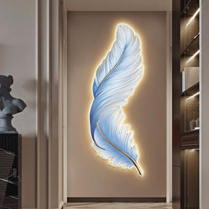 玄关装饰画竖版LED灯画羽毛九鱼图客厅沙发背景墙画LED发光轻奢
