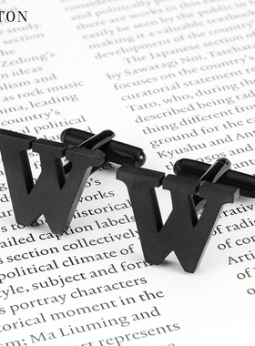 包邮新款字母袖扣不锈钢字母W黑色袖钉男士金属衬衣商务cufflinks