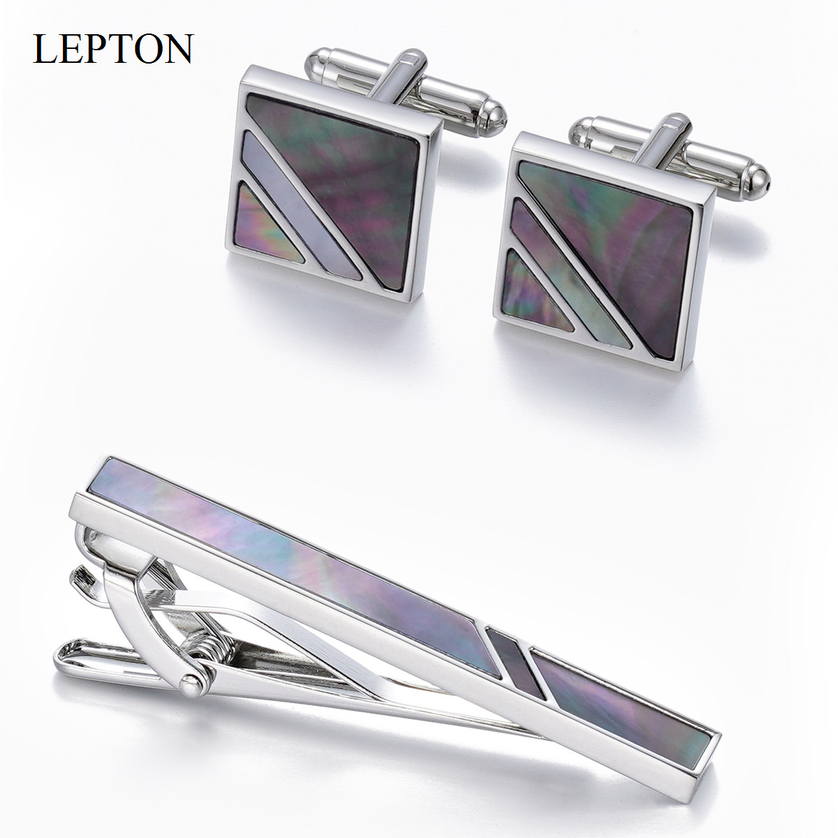 时尚简约袖扣轻奢银色商务袖扣方形黑色贝壳领带夹套装 Cufflinks