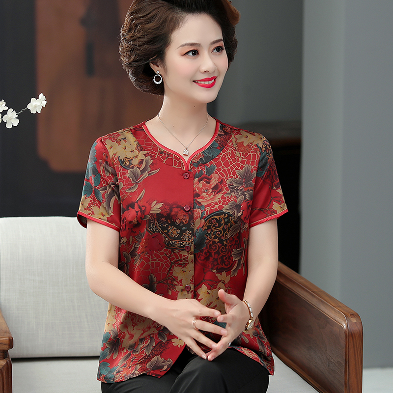 3妈妈真丝衬衫女夏50岁60中老年人短袖高贵唐装上衣套装奶奶装衬衣