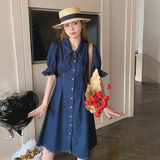 法式复古牛仔连衣裙女夏季2025新款高级感泡泡袖设计感绝美衬衫裙，女装连衣裙，浙宝130