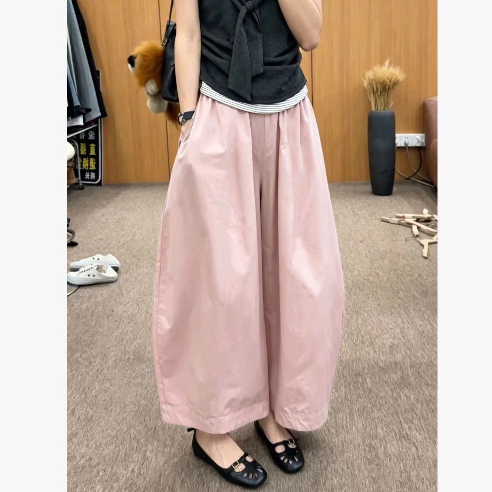 夏季薄款高腰显瘦阔腿粉九分裤女