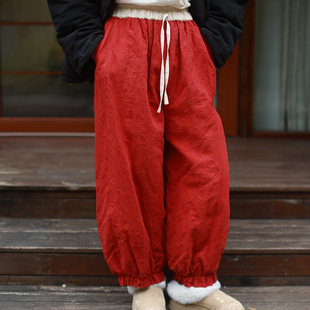 红 宽松休闲文艺棉裤 听花香 和纸麻夹棉保暖长裤 25新款 莲花