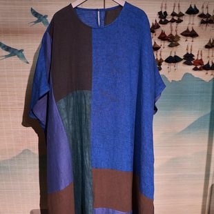 艺术感亚麻长裙 宽松小众直筒拼接袍子 A094 听花香