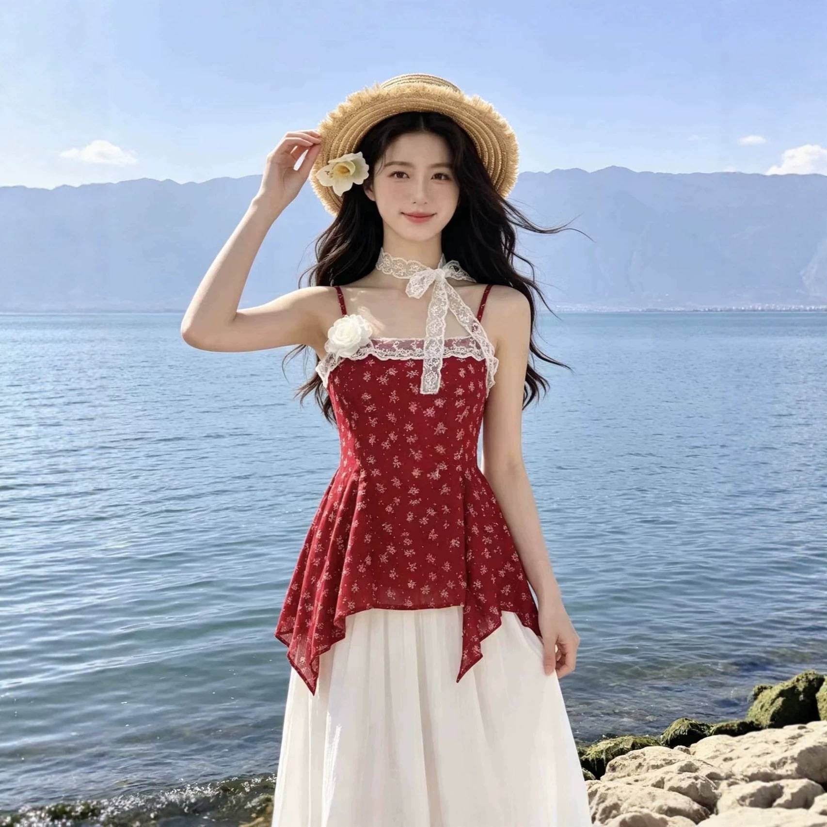 蕾丝花边吊带裙不规则裙摆高腰连半身裙