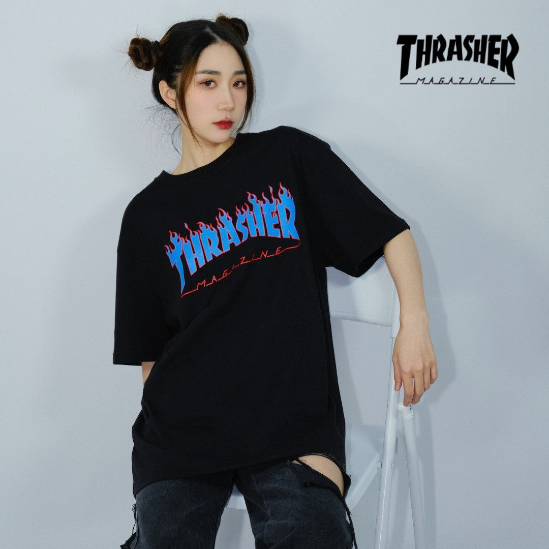 thrasher日版一代红蓝火焰logo印花圆领潮牌短袖t恤春夏情侣百搭