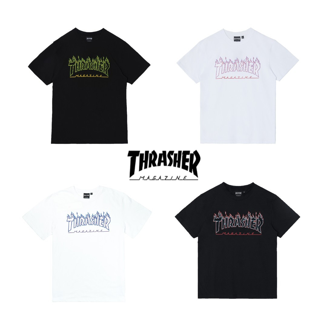 thrasher经典火焰线条多色印花圆领纯棉短袖美牌日线街头男女同款