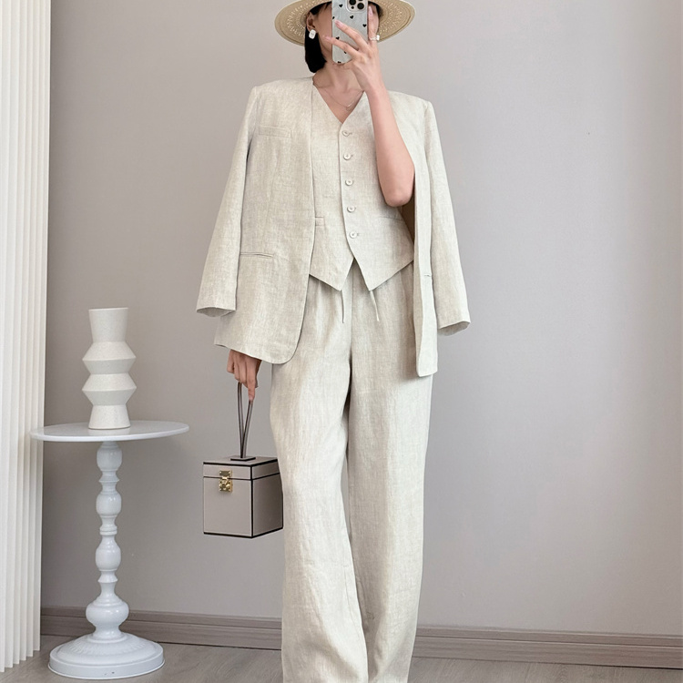 欧洲站夏季新款老钱风复古亚麻马甲长裤长裙外套气质优雅显瘦套装
