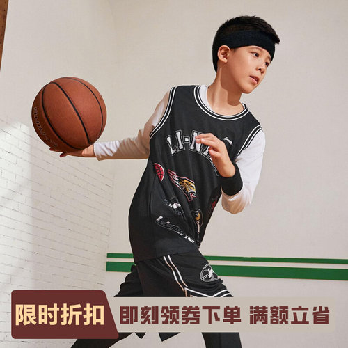 李宁正品篮球系列男小大童时尚印花宽松圆领运动比赛套装YATV091