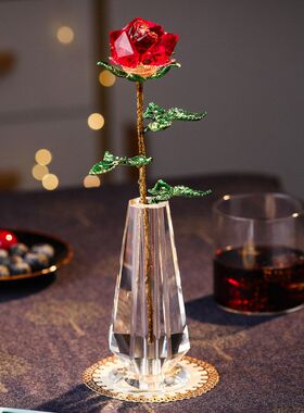 水晶玫瑰花摆件创意客厅办公桌红色花朵高级感桌面装饰品透明花瓶
