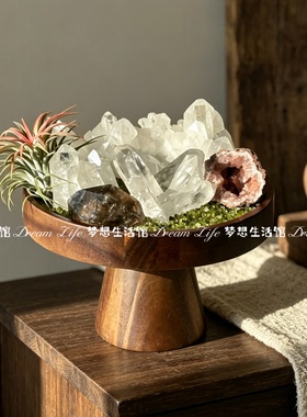 复古文艺水晶原石底座高级感托盘实木质高脚造景盘水晶球装饰摆件