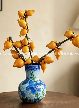 蓝色水培花瓶油画风手工陶瓷花器