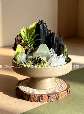 复古文艺水晶原石装饰盘摆件水晶簇微景观造景盘水晶柱摆放底座