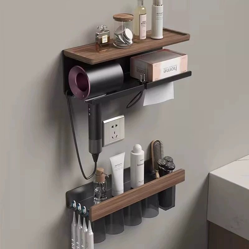 胡桃木卫生间纸巾盒免打孔洗漱台置物架子洗脸巾牙刷电吹风机支架