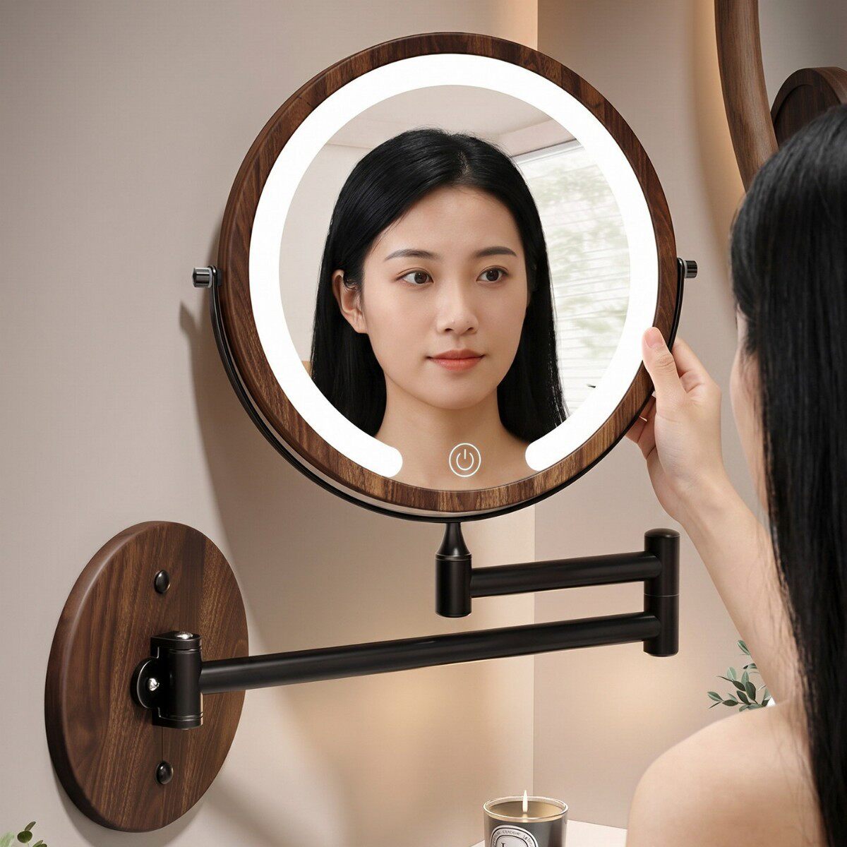 胡桃木免打孔带灯伸缩双面化妆镜