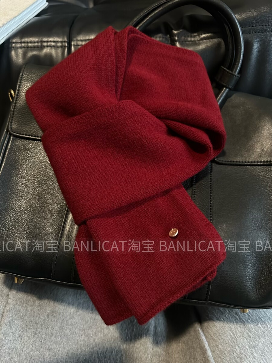 100%羊毛新年圣诞红围巾男女韩冬季保暖百搭显白纯色针织毛线围脖