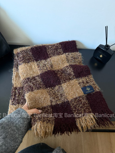 高级感显白安克拉红咖色格子羊毛混纺大围巾女冬季保暖披肩围脖男