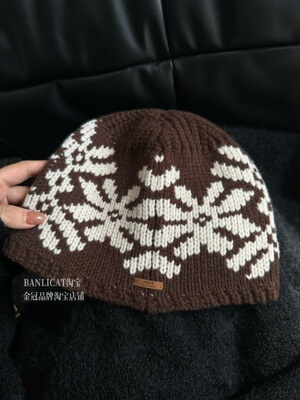 100%羊毛费尔岛复古咖啡雪花针织帽子女显脸小秋冬保暖渔夫帽男