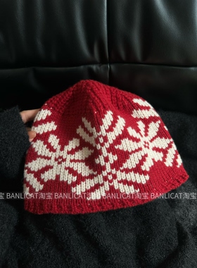 BanliCat 100%羊毛圣诞雪花红色针织帽女秋冬保暖毛线帽冷帽情侣