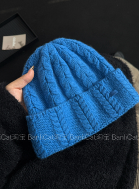 BanliCat高品质100%羊毛蓝色麻花针织帽男女显脸小冷帽保暖毛线帽