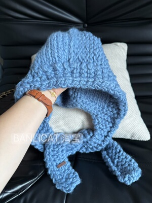 韩羊毛混纺显白蓝色套头巴拉克拉法帽子围巾一体女针织帽披肩保暖