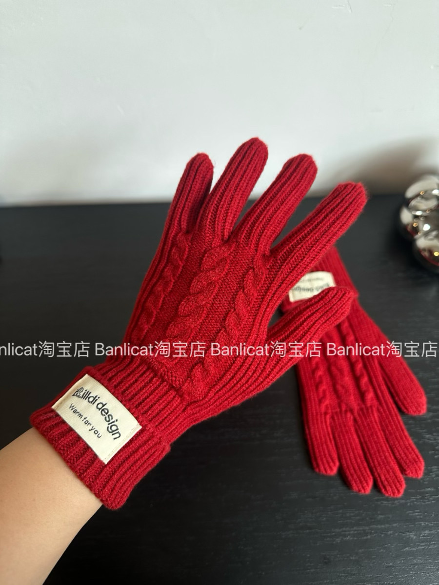 Banlicat 韩国冬季保暖针织手套女含羊毛复古麻花纯色五指可触屏