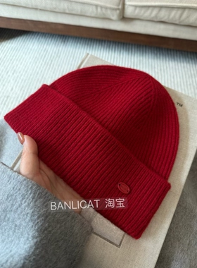 BanliCat 100%羊毛显白红色针织帽子女新年圣诞氛围感冷帽冬季保