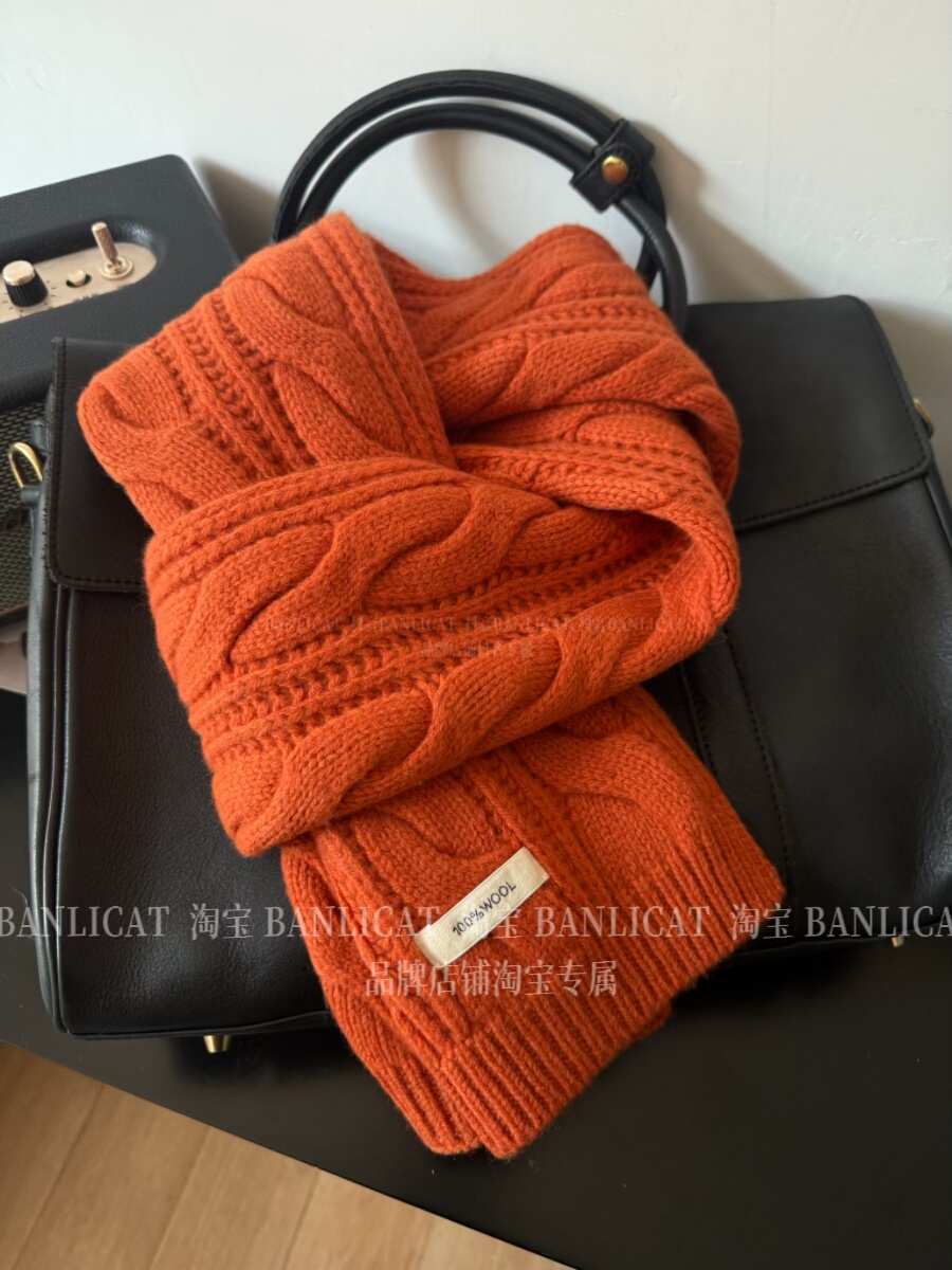 BanliCat 韩国纯羊毛麻花针织围巾女冬保暖显白复古橘毛线围脖男