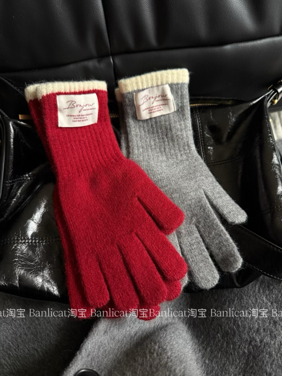 2024新款韩博主含羊毛针织毛线五指撞色手套冬百搭可触屏骑行保暖