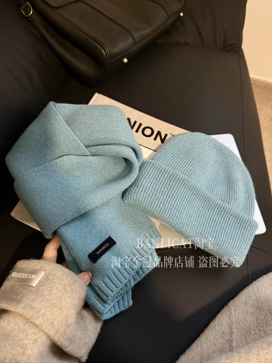 100%羊毛围巾帽子组合 秋冬保暖显脸小冷帽男女情侣款围脖毛线帽