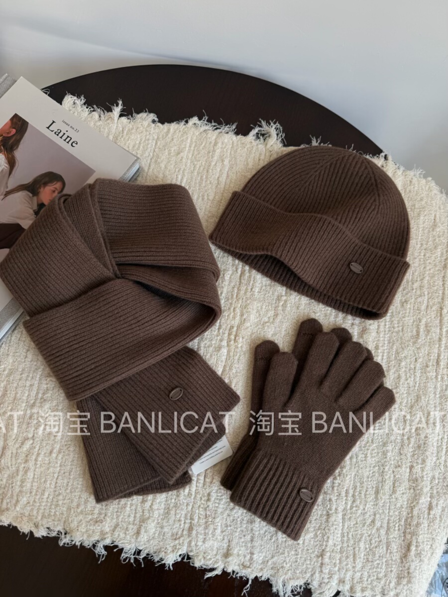 BanliCat高级感纯羊毛棕色围巾帽子套装男女情侣款针织保暖礼物冬